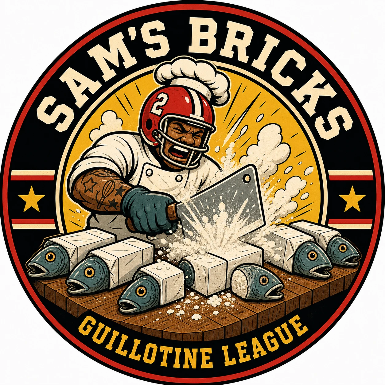 Sam's Bricks Guillotine League logo: a football-player chef chopping fish-shaped flour bricks